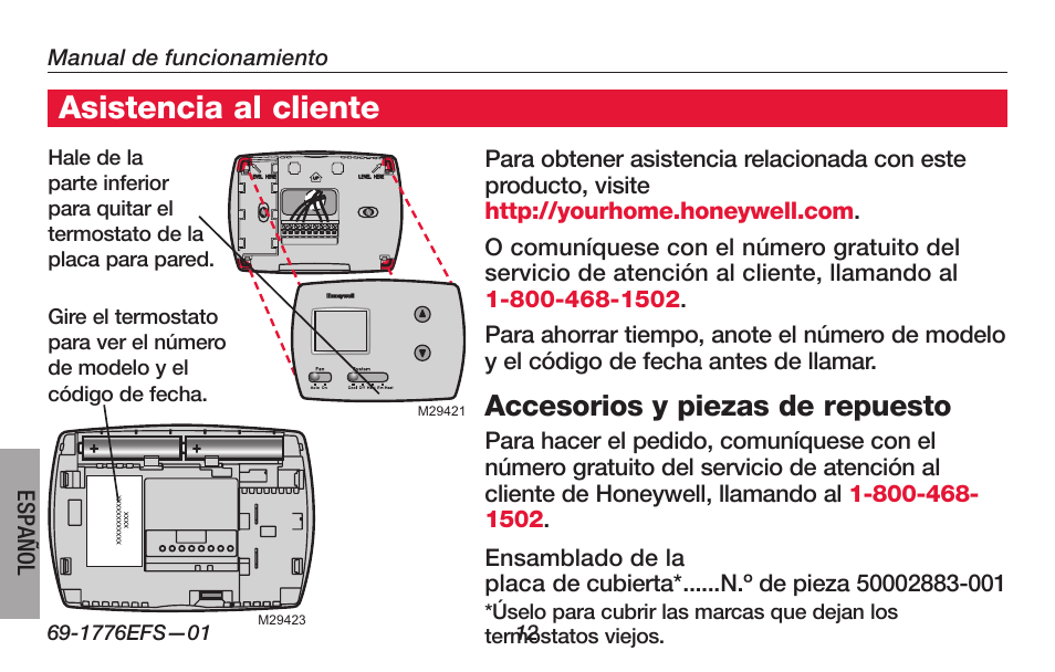 Asistencia al cliente, Accesorios y piezas de repuesto | Honeywell PRO TH3000 Series User Manual | Page 50 / 56