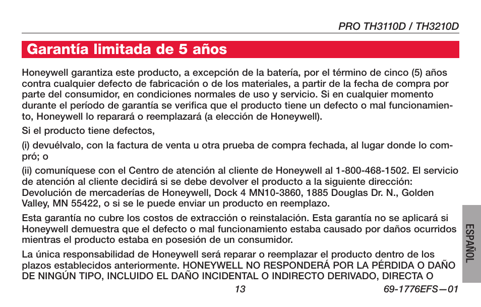 Garantía limitada de 5 años | Honeywell PRO TH3000 Series User Manual | Page 51 / 56