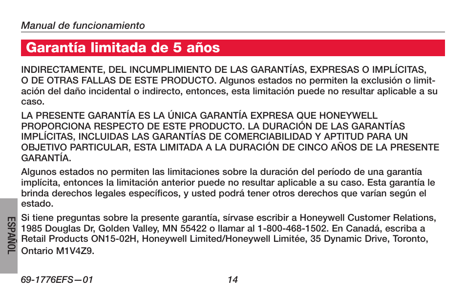 Garantía limitada de 5 años | Honeywell PRO TH3000 Series User Manual | Page 52 / 56