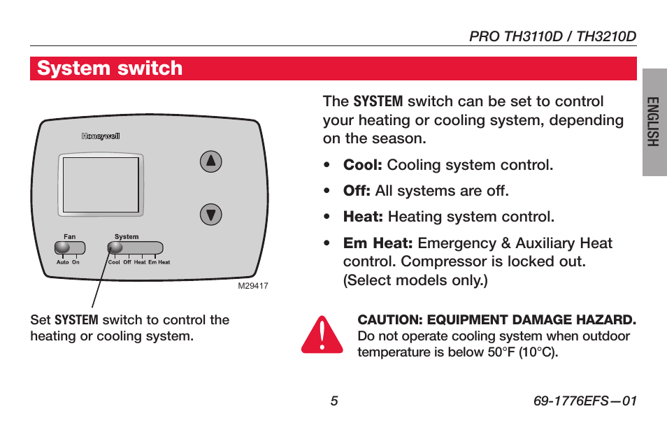 System switch | Honeywell PRO TH3000 Series User Manual | Page 7 / 56