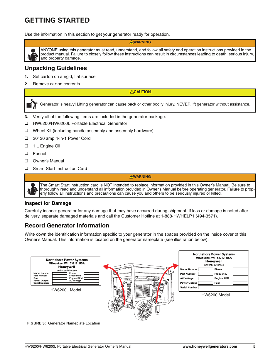 Getting started, Unpacking guidelines, Record generator information | Inspect for damage | Honeywell HW6200L User Manual | Page 11 / 86