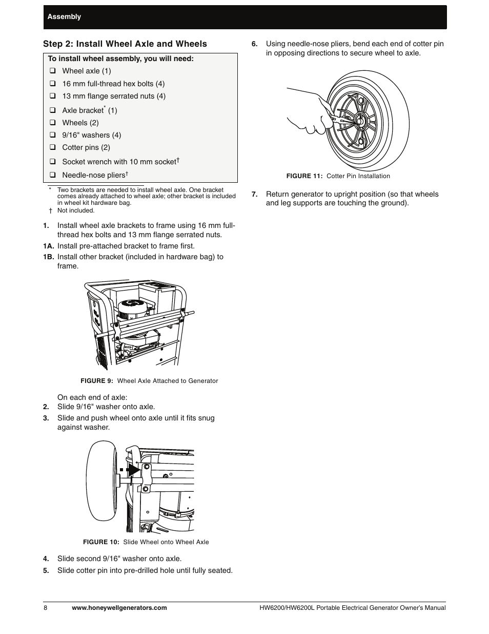 Step 2: install wheel axle and wheels | Honeywell HW6200L User Manual | Page 14 / 86