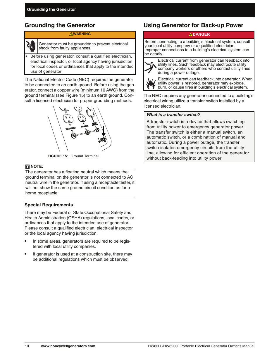 Grounding the generator, Using generator for back-up power | Honeywell HW6200L User Manual | Page 16 / 86