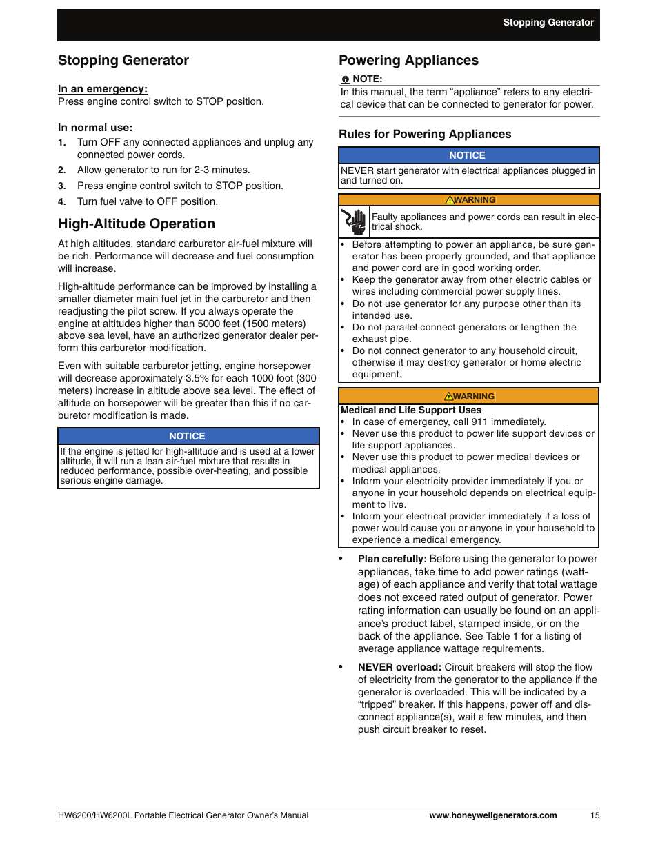 Stopping generator, High-altitude operation, Powering appliances | Honeywell HW6200L User Manual | Page 21 / 86
