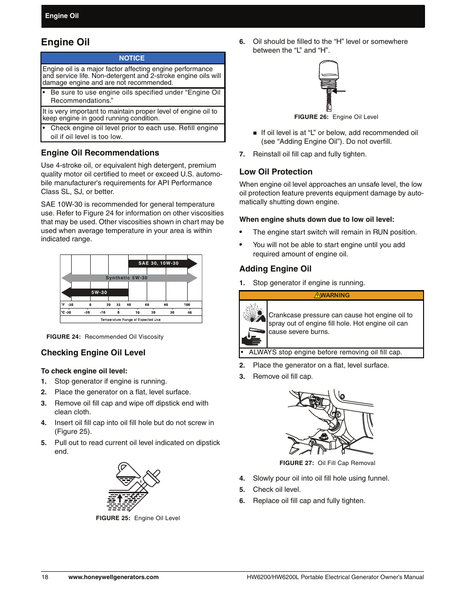 Engine oil, Checking engine oil level, Adding engine oil | Honeywell HW6200L User Manual | Page 24 / 86