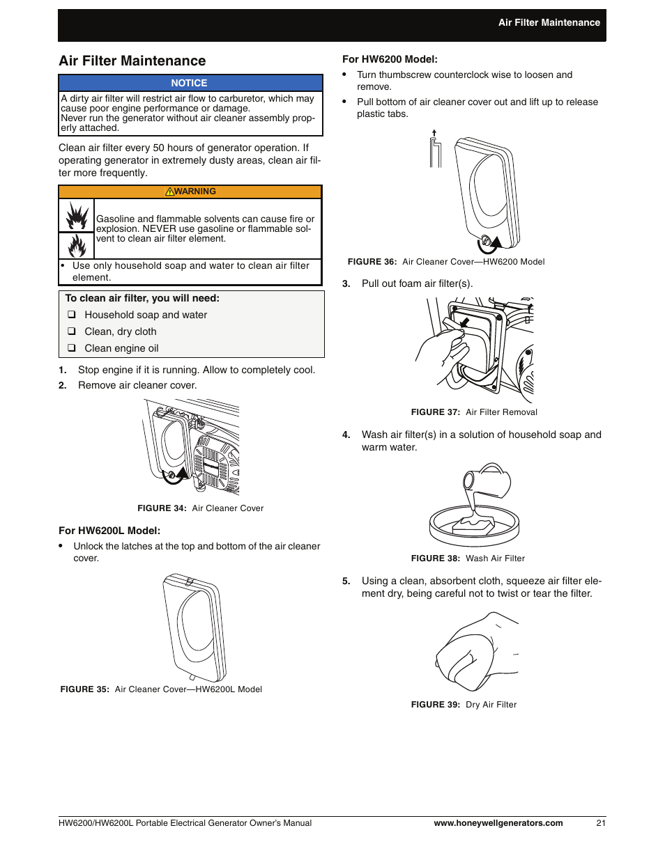 Air filter maintenance | Honeywell HW6200L User Manual | Page 27 / 86