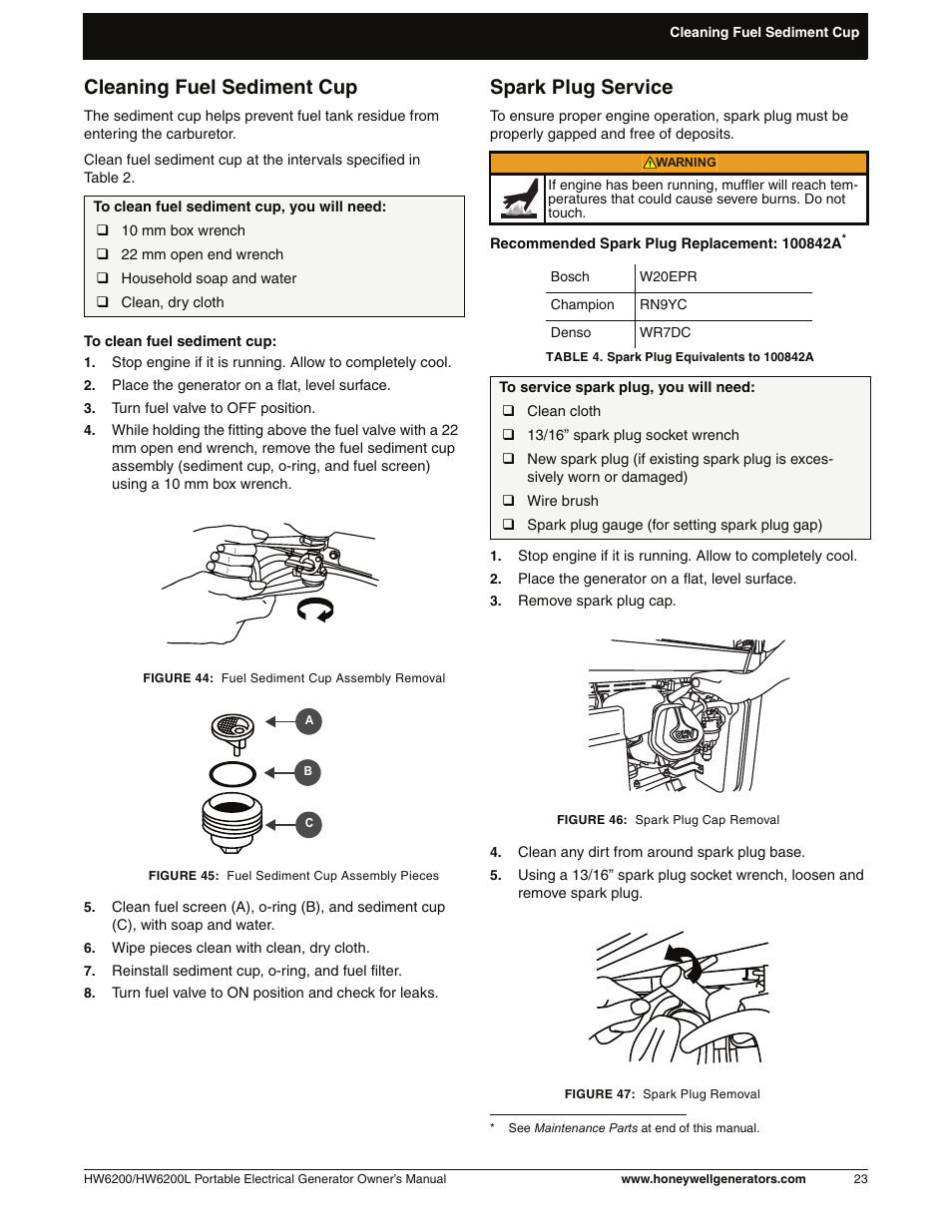 Cleaning fuel sediment cup, Spark plug service | Honeywell HW6200L User Manual | Page 29 / 86