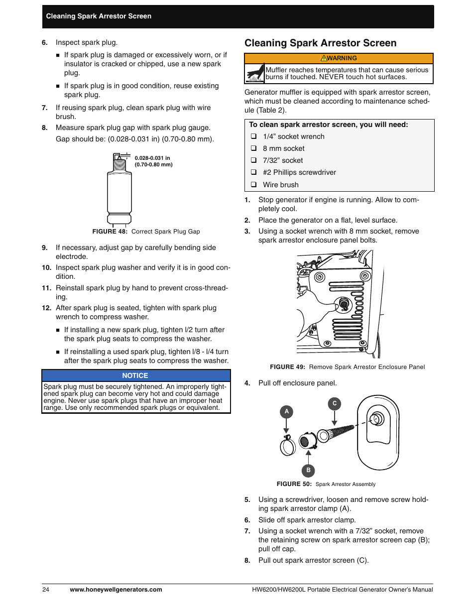 Cleaning spark arrestor screen | Honeywell HW6200L User Manual | Page 30 / 86