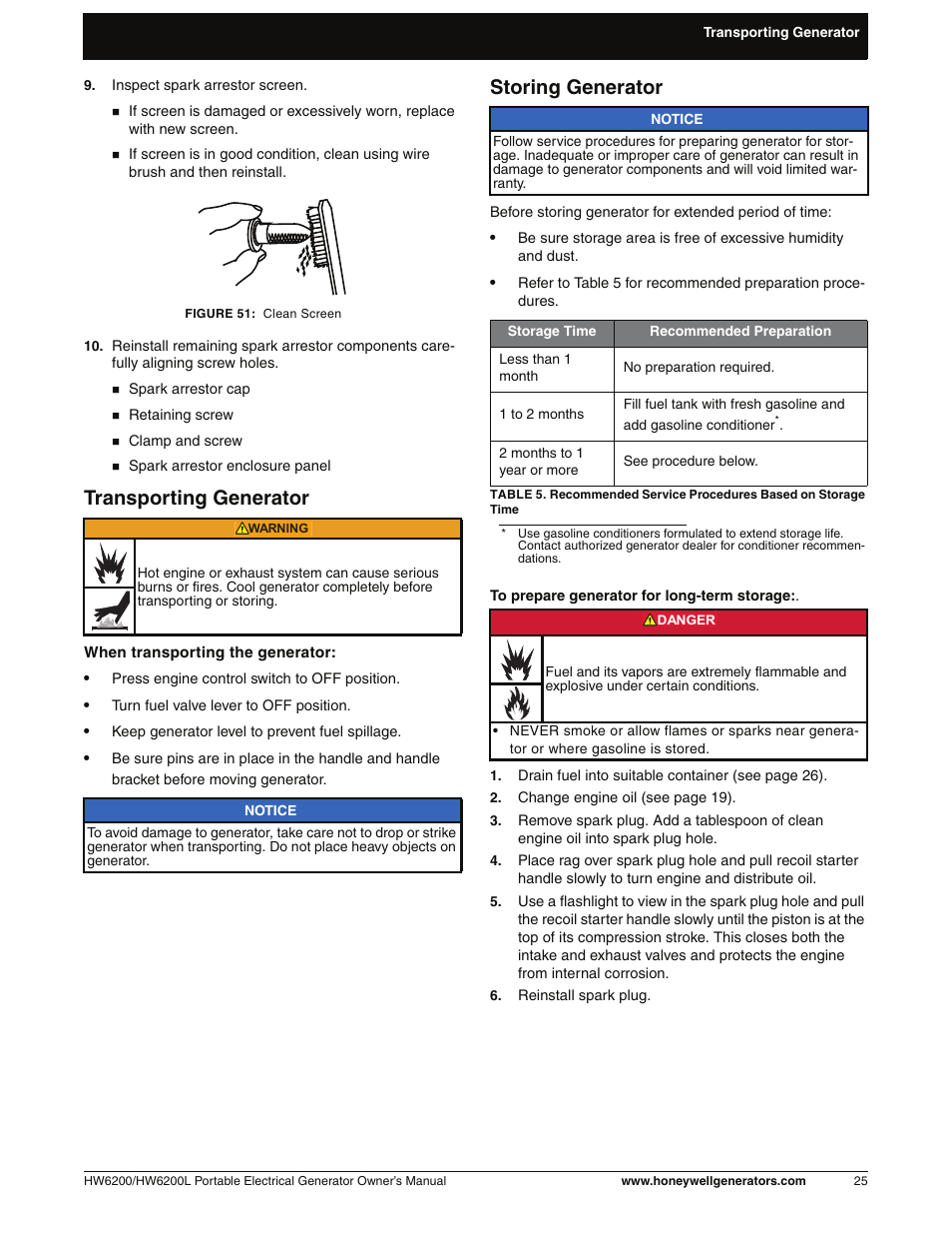 Transporting generator, Storing generator | Honeywell HW6200L User Manual | Page 31 / 86