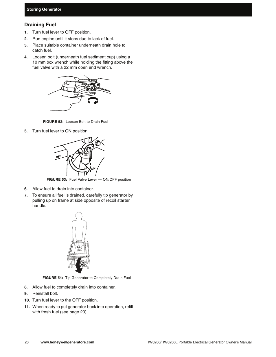 Draining fuel | Honeywell HW6200L User Manual | Page 32 / 86