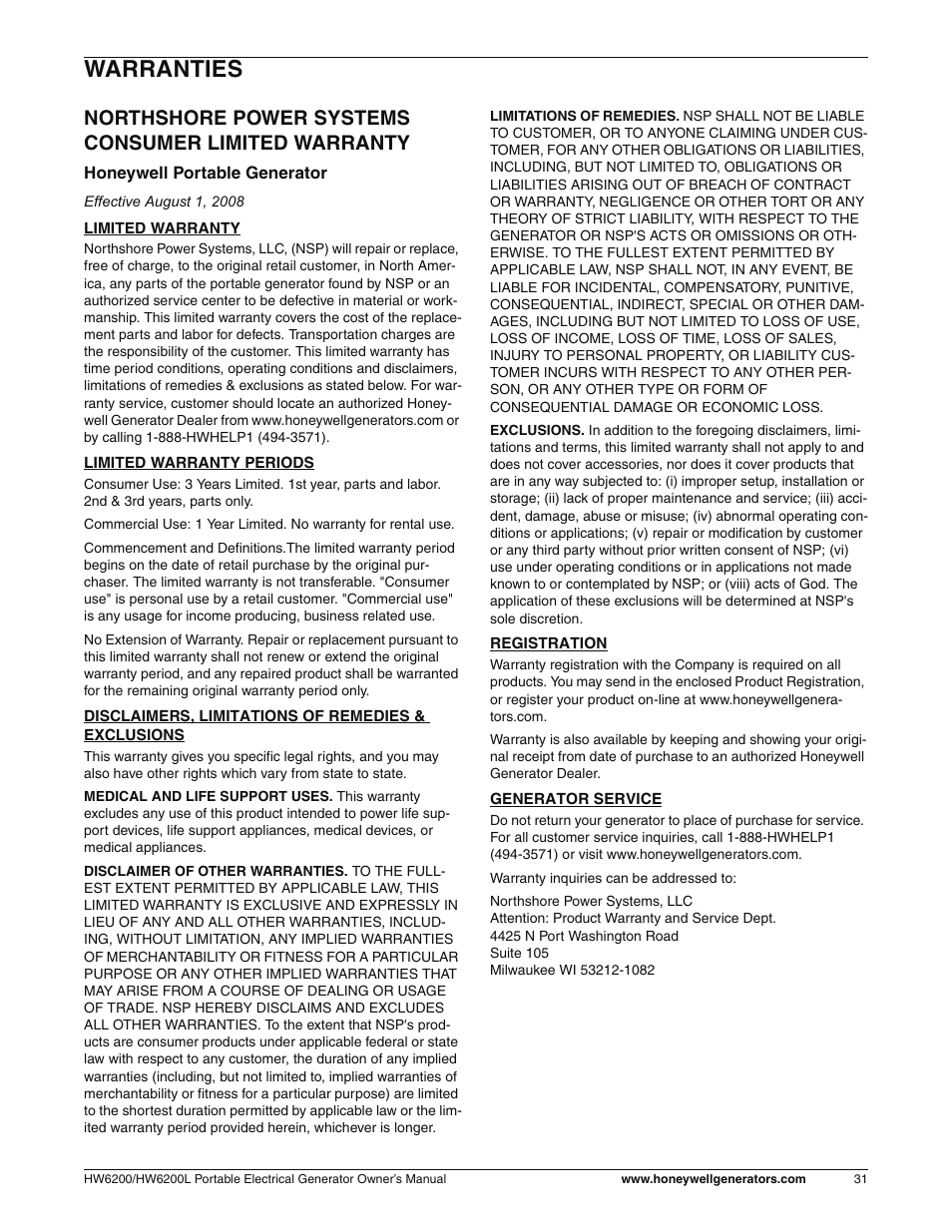 Warranties, Consumer limited warranty, Northshore power systems consumer limited warranty | Honeywell HW6200L User Manual | Page 37 / 86