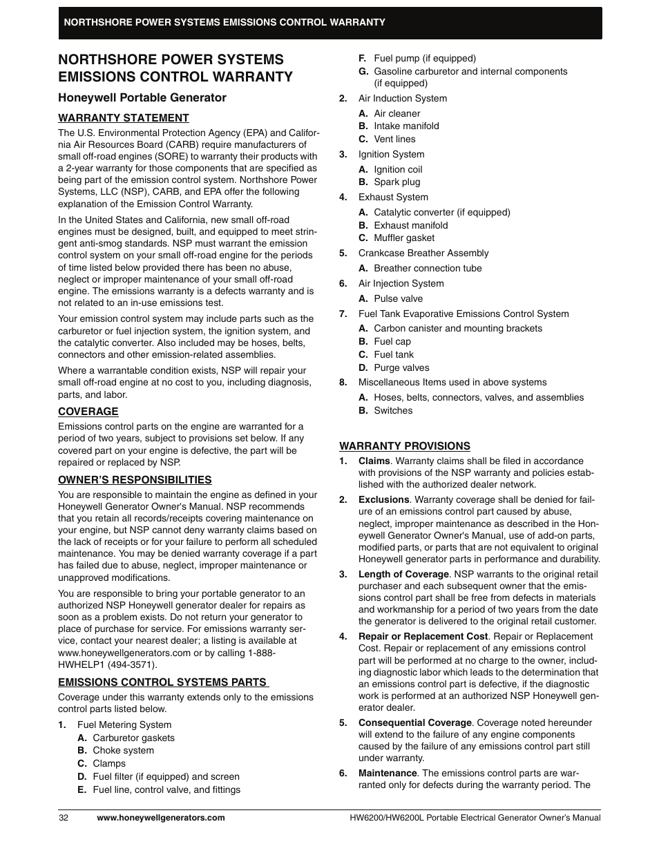 Emissions control warranty | Honeywell HW6200L User Manual | Page 38 / 86