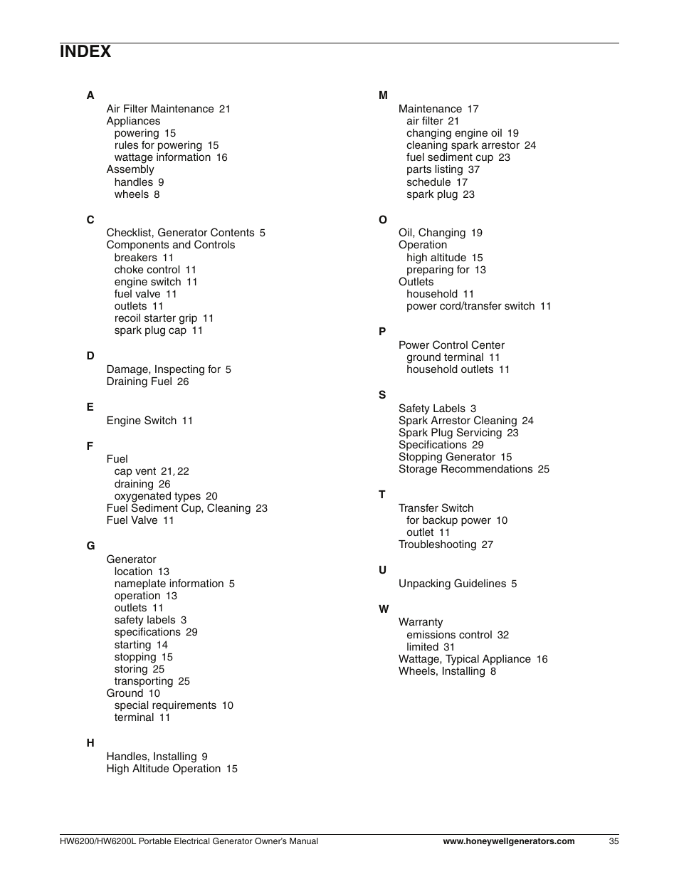 Index | Honeywell HW6200L User Manual | Page 41 / 86