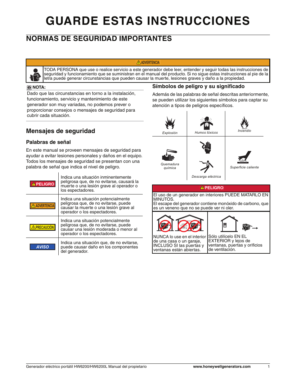 Normas de seguridad importantes, Mensajes de seguridad, Guarde estas instrucciones | Honeywell HW6200L User Manual | Page 49 / 86