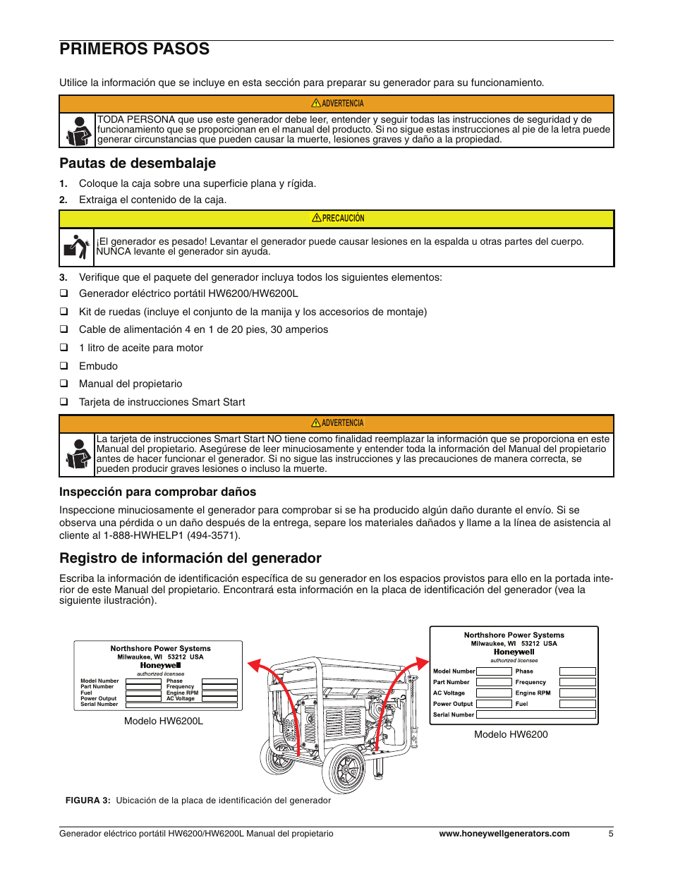 Primeros pasos, Pautas de desembalaje, Registro de información del generador | Inspección para comprobar daños | Honeywell HW6200L User Manual | Page 53 / 86