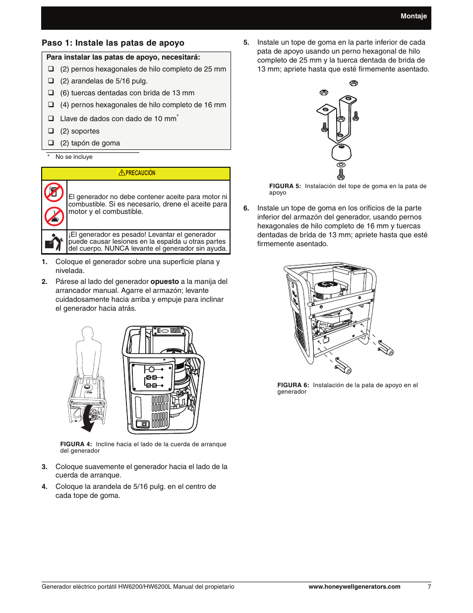 Paso 1: instale las patas de apoyo | Honeywell HW6200L User Manual | Page 55 / 86