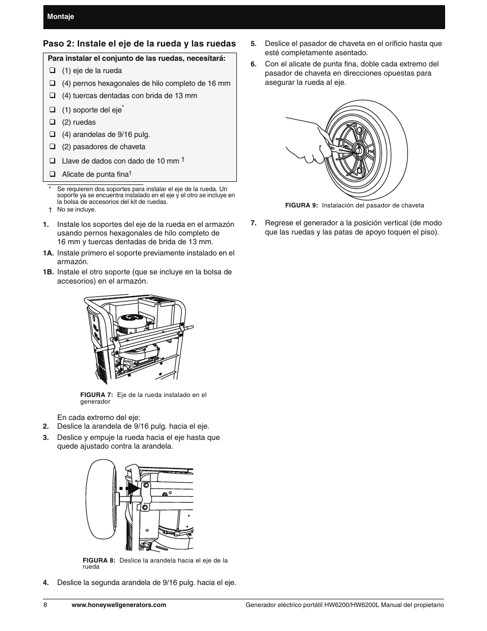Paso 2: instale el eje de la rueda y las ruedas | Honeywell HW6200L User Manual | Page 56 / 86