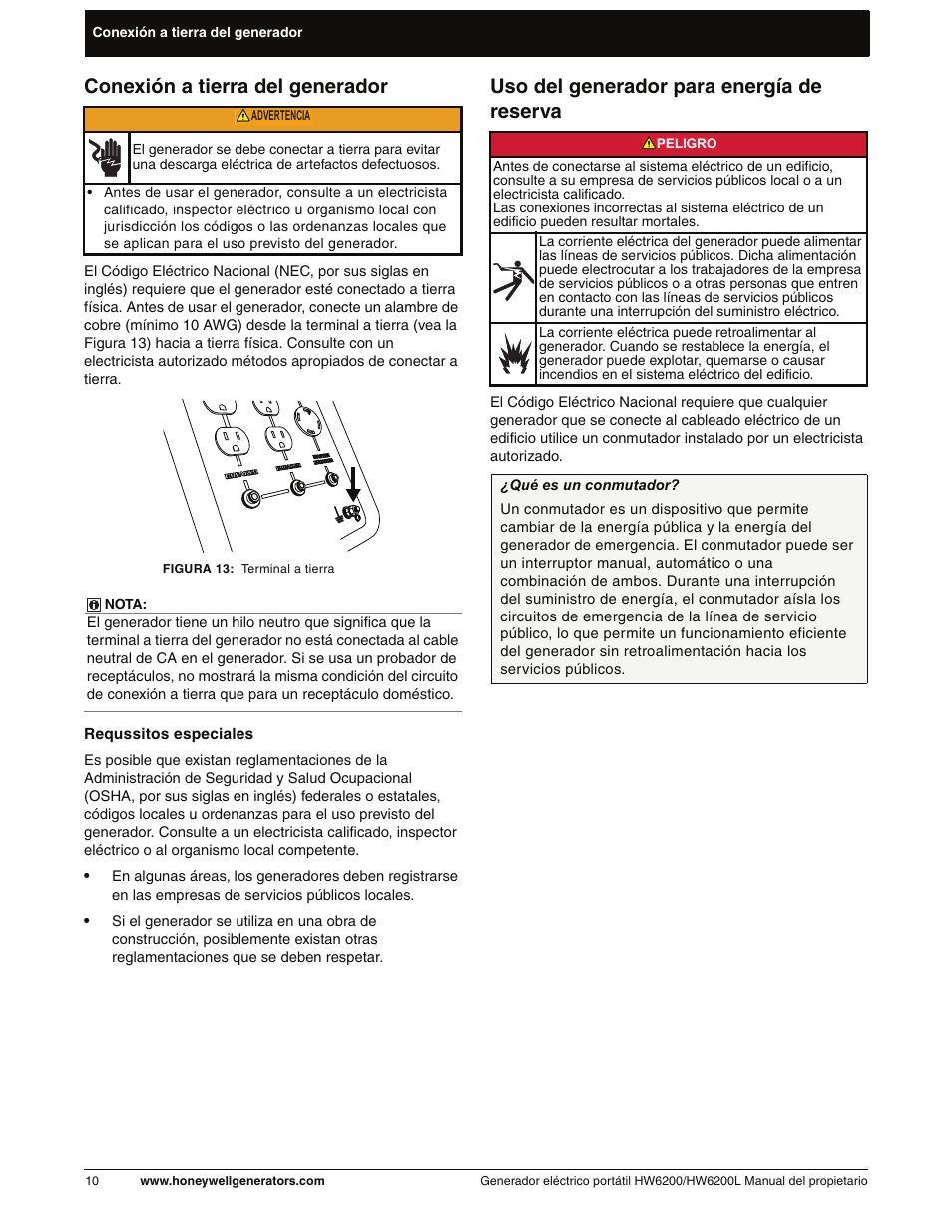 Conexión a tierra del generador, Uso del generador para energía dereserva, Uso del generador para energía de reserva | Honeywell HW6200L User Manual | Page 58 / 86