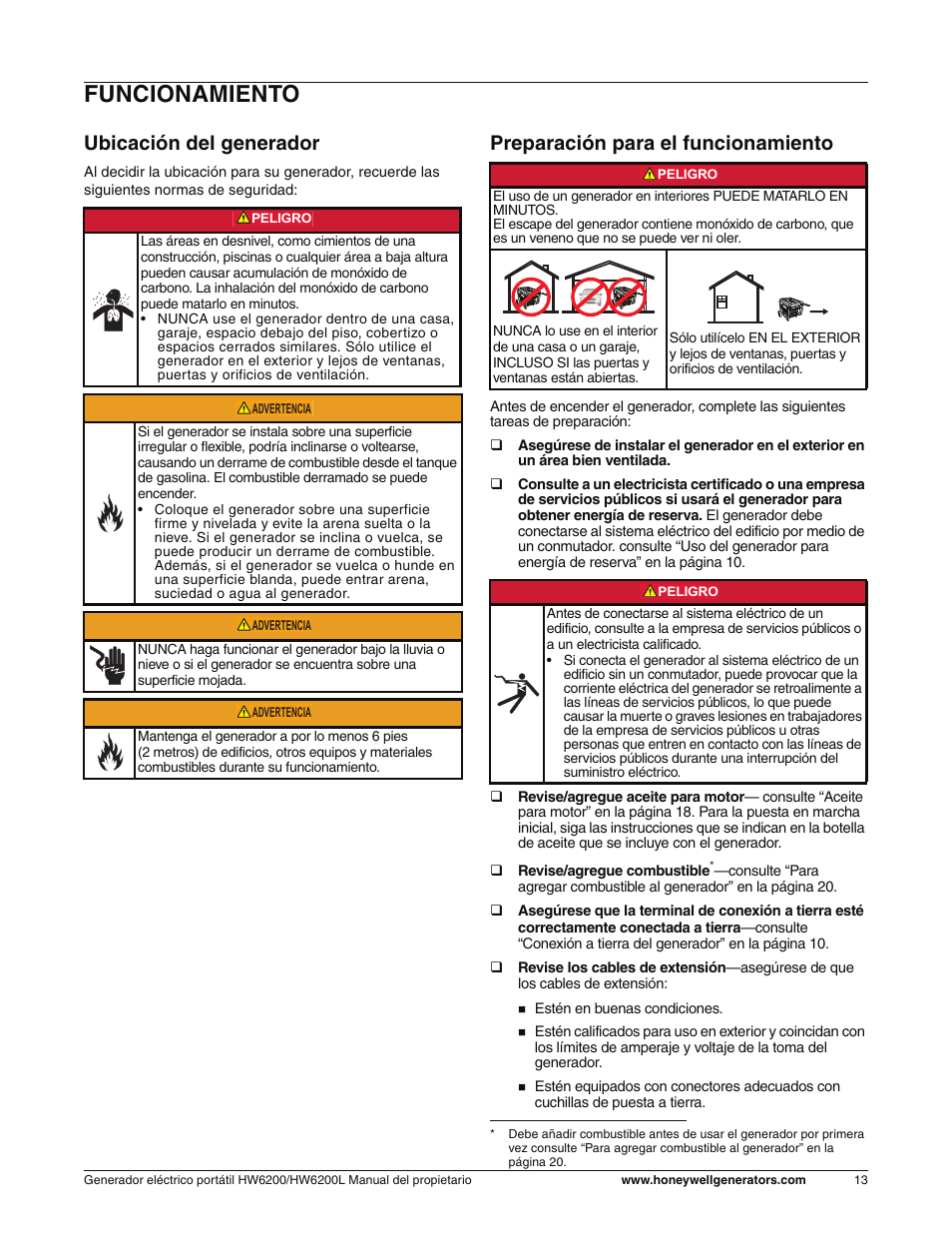Funcionamiento, Ubicación del generador, Preparación para el funcionamiento | Honeywell HW6200L User Manual | Page 61 / 86