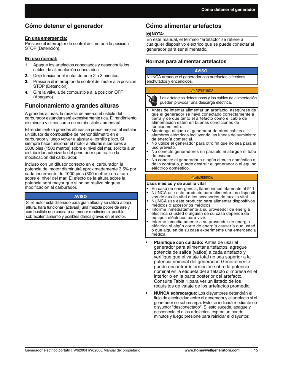 Cómo detener el generador, Funcionamiento a grandes alturas, Cómo alimentar artefactos | Honeywell HW6200L User Manual | Page 63 / 86