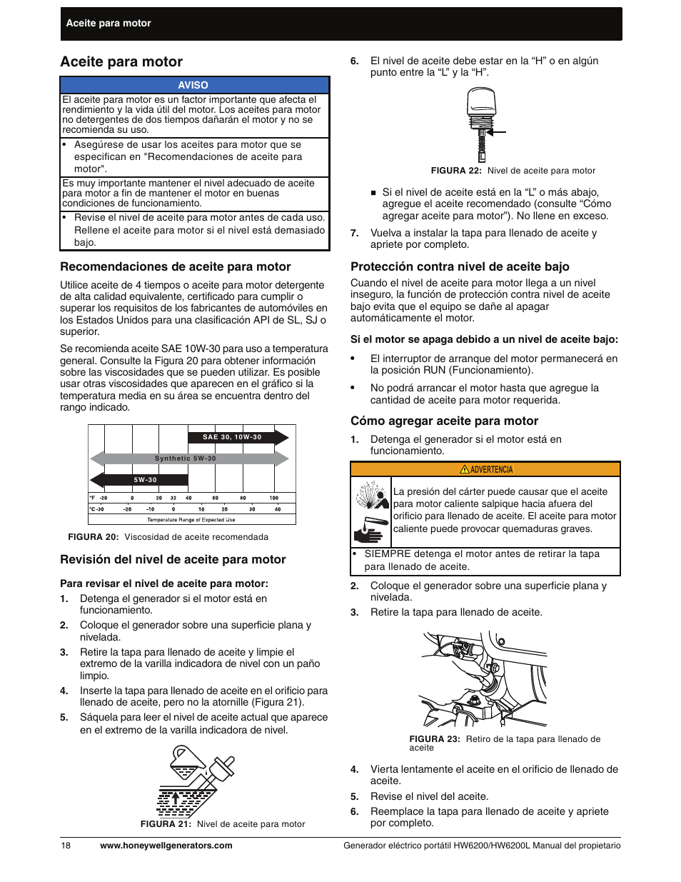 Aceite para motor, Revisión del nivel de aceite para motor, Cómo agregar aceite para motor | Honeywell HW6200L User Manual | Page 66 / 86