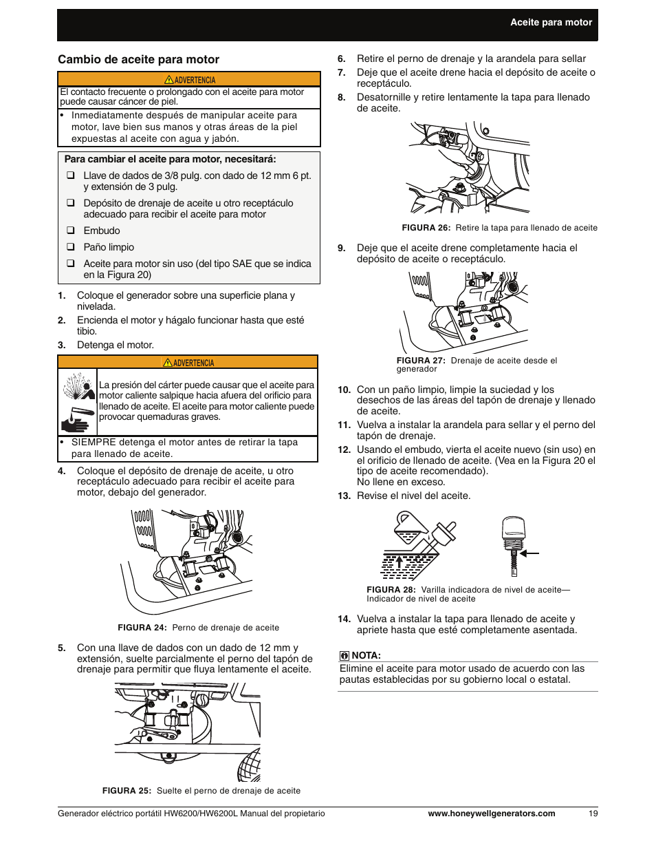 Cambio de aceite para motor | Honeywell HW6200L User Manual | Page 67 / 86