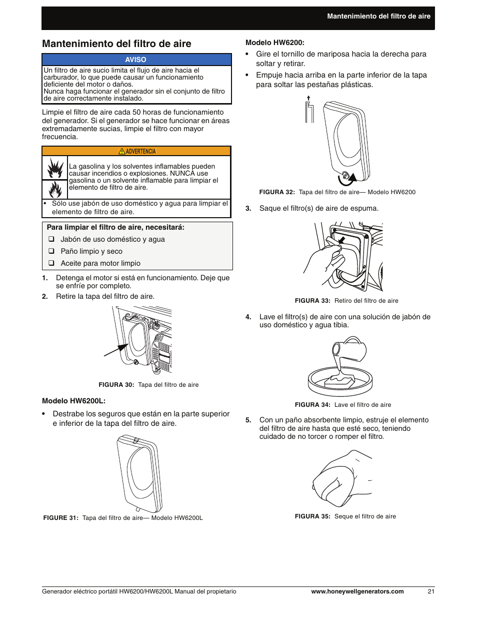 Mantenimiento del filtro de aire | Honeywell HW6200L User Manual | Page 69 / 86
