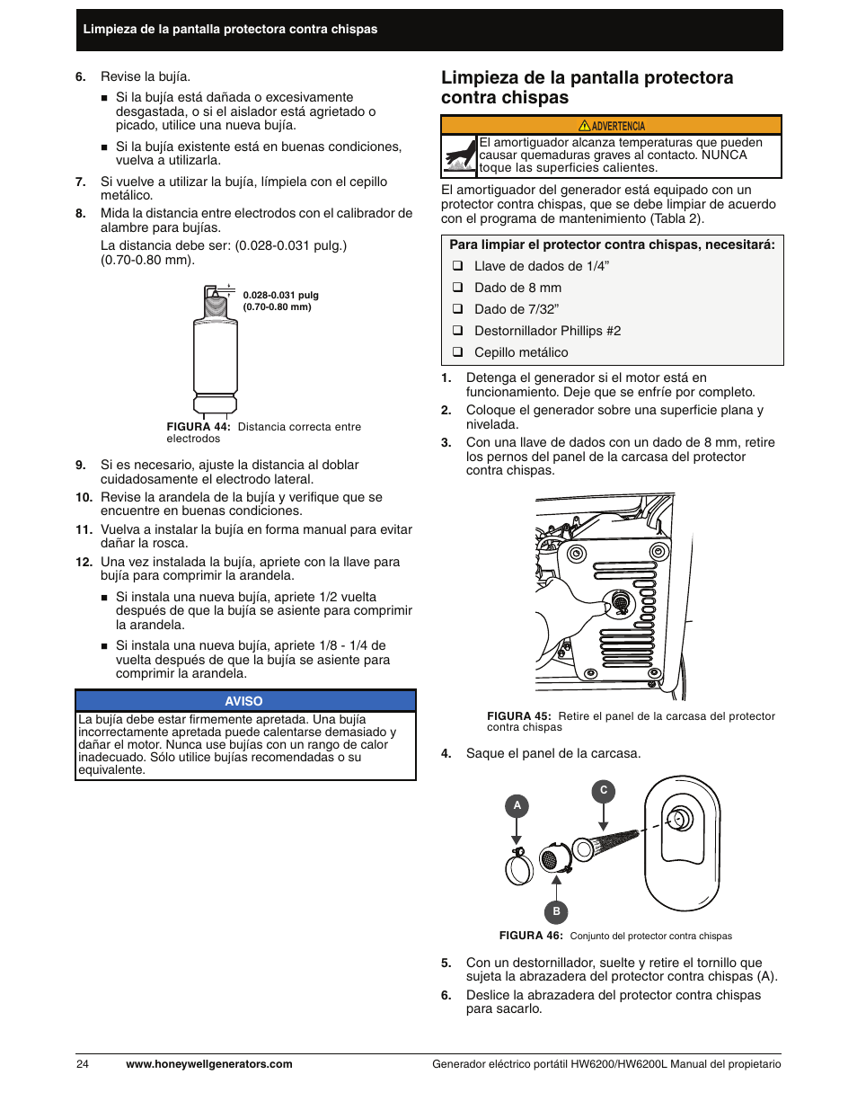 Limpieza de la pantalla protectoracontra chispas, Limpieza de la pantalla protectora contra chispas | Honeywell HW6200L User Manual | Page 72 / 86