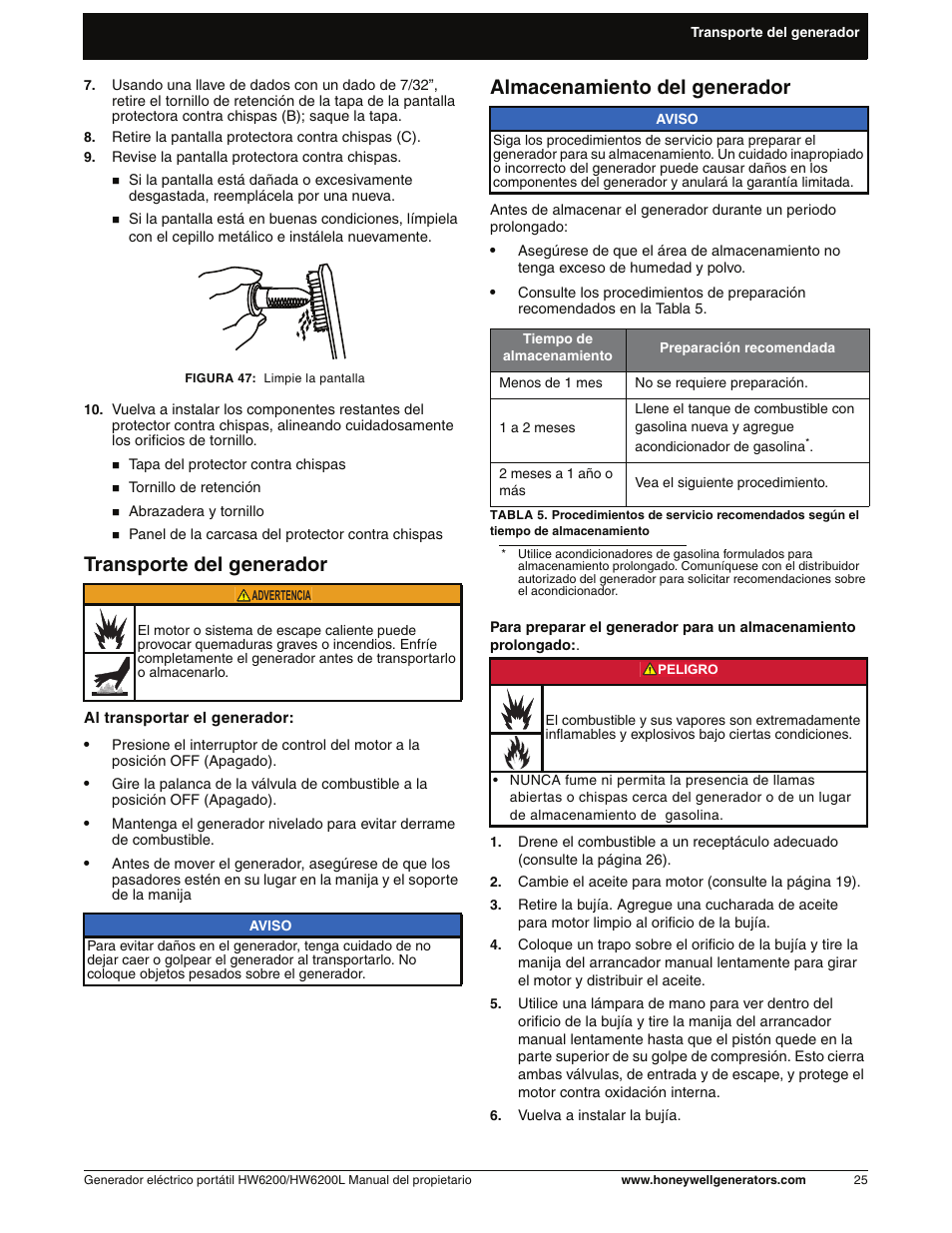 Transporte del generador, Almacenamiento del generador | Honeywell HW6200L User Manual | Page 73 / 86