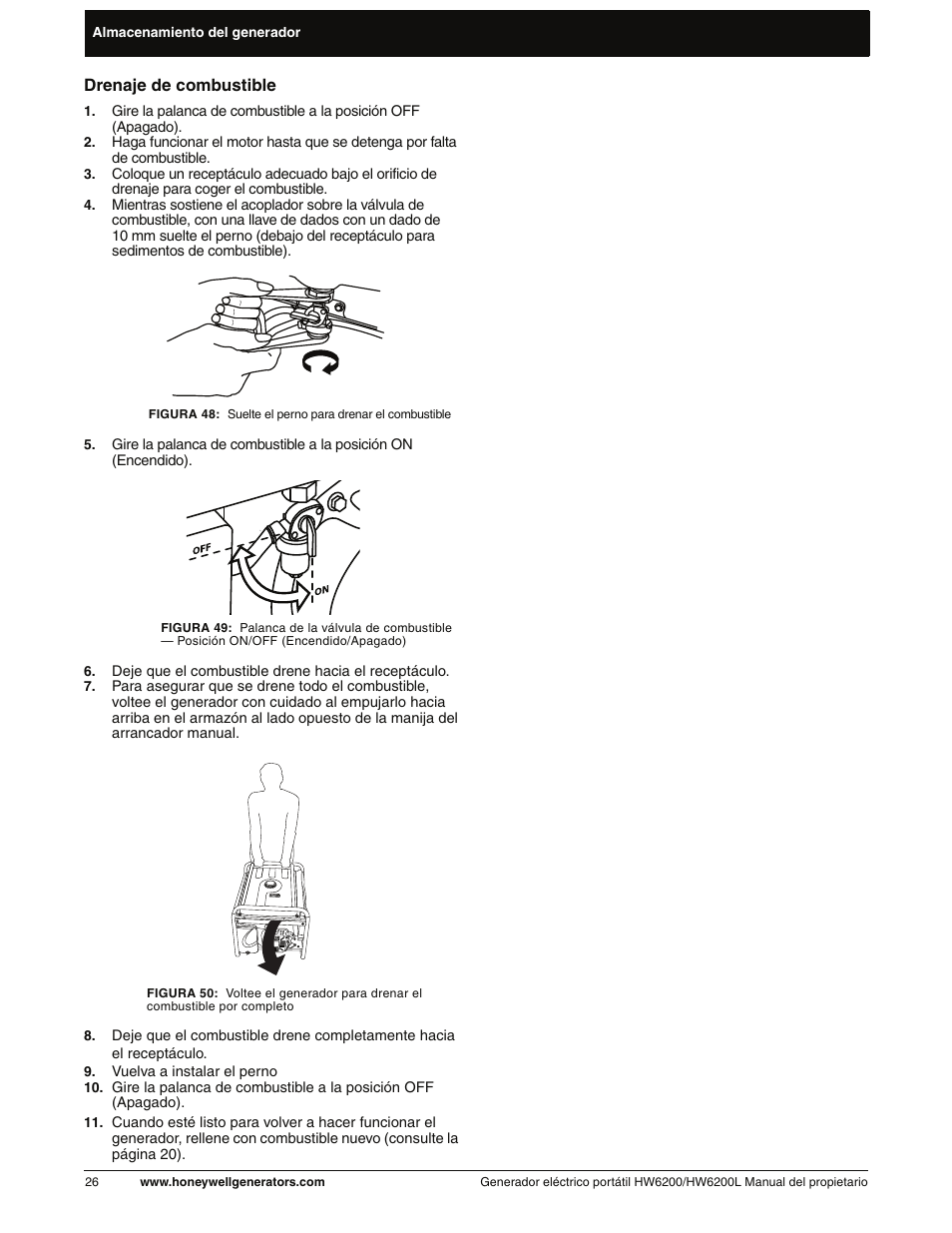 Drenaje de combustible | Honeywell HW6200L User Manual | Page 74 / 86