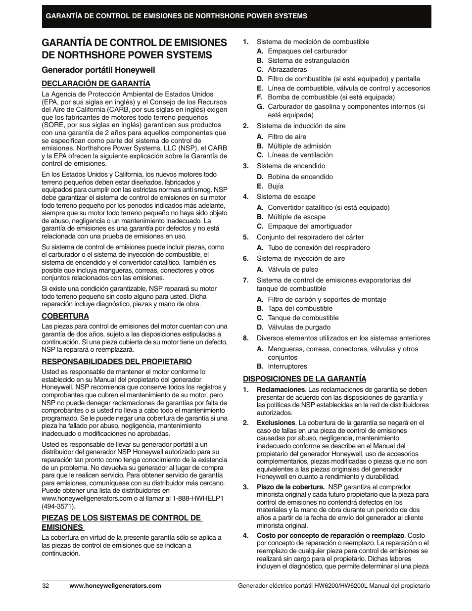 Garantía de control de emisiones | Honeywell HW6200L User Manual | Page 80 / 86