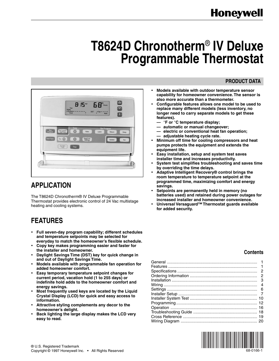 Honeywell CHRONOTHERM IV DELUXE T8624D User Manual | 20 pages