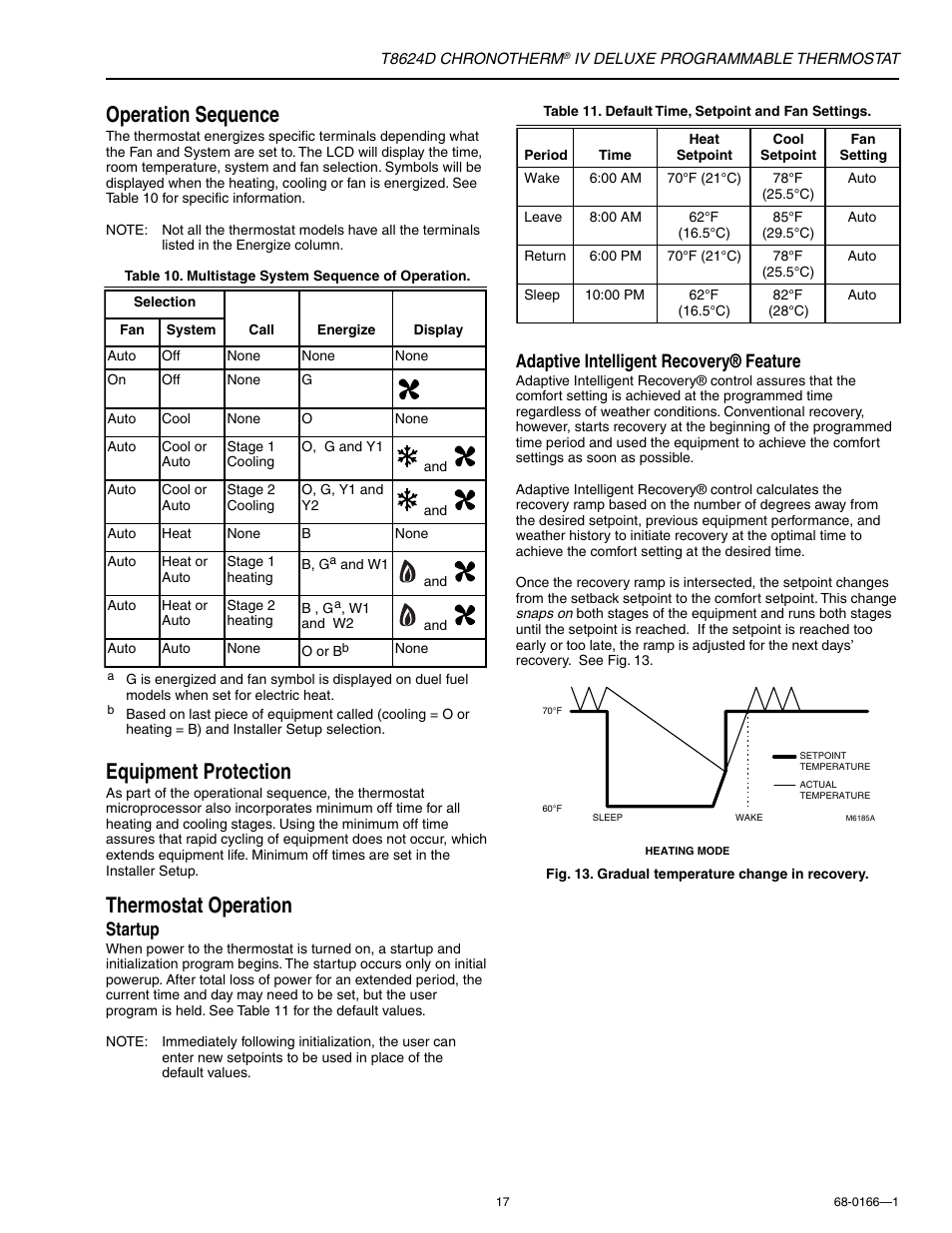 Operation sequence, Equipment protection, Thermostat operation | Startup, Adaptive intelligent recovery® feature | Honeywell CHRONOTHERM IV DELUXE T8624D User Manual | Page 17 / 20