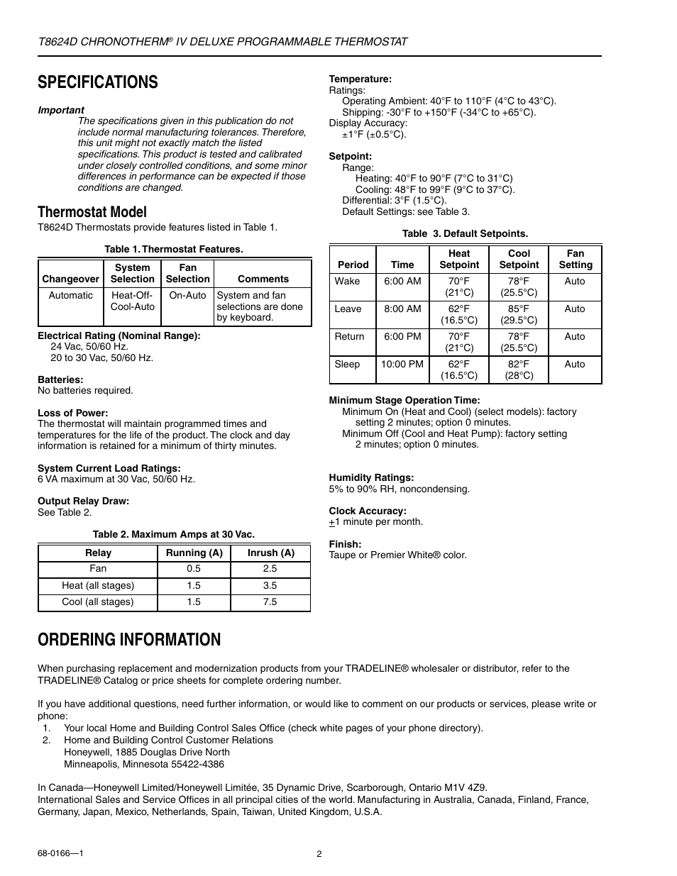 Ordering information, Specifications, Thermostat model | Honeywell CHRONOTHERM IV DELUXE T8624D User Manual | Page 2 / 20