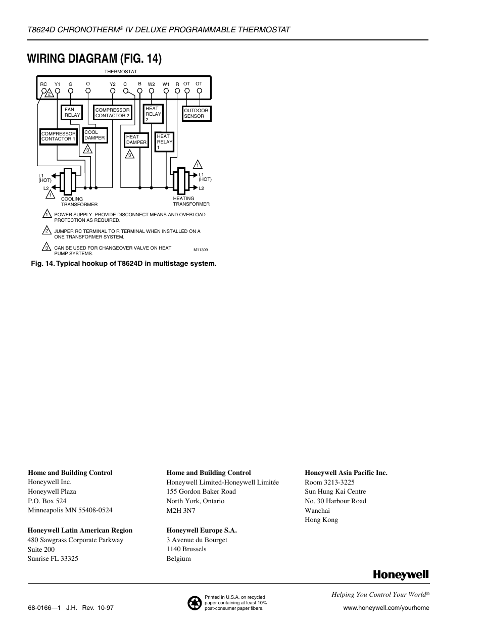 Wiring diagram (fig. 14), T8624d chronotherm, Iv deluxe programmable thermostat | Honeywell CHRONOTHERM IV DELUXE T8624D User Manual | Page 20 / 20