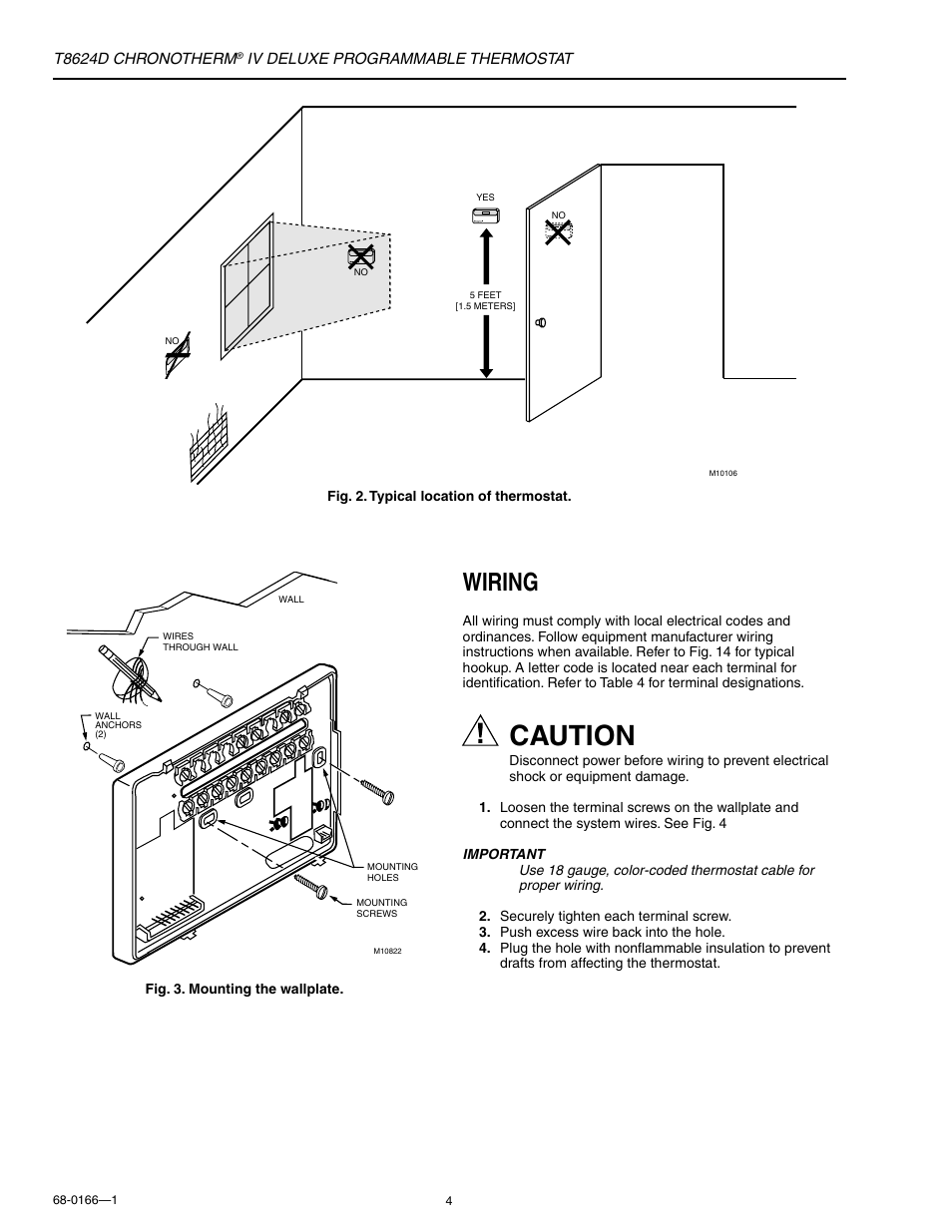 Caution, Wiring | Honeywell CHRONOTHERM IV DELUXE T8624D User Manual | Page 4 / 20