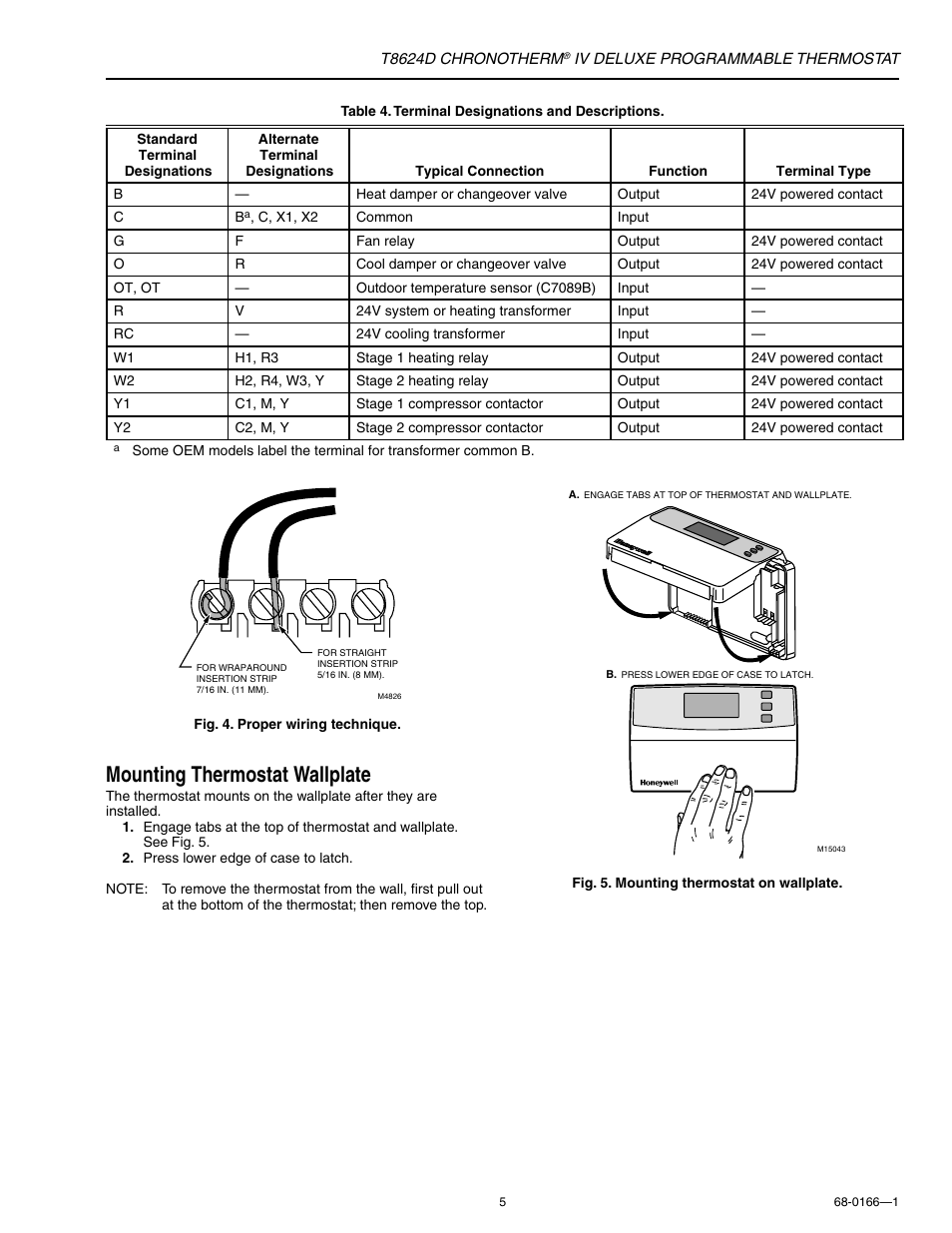 Mounting thermostat wallplate | Honeywell CHRONOTHERM IV DELUXE T8624D User Manual | Page 5 / 20