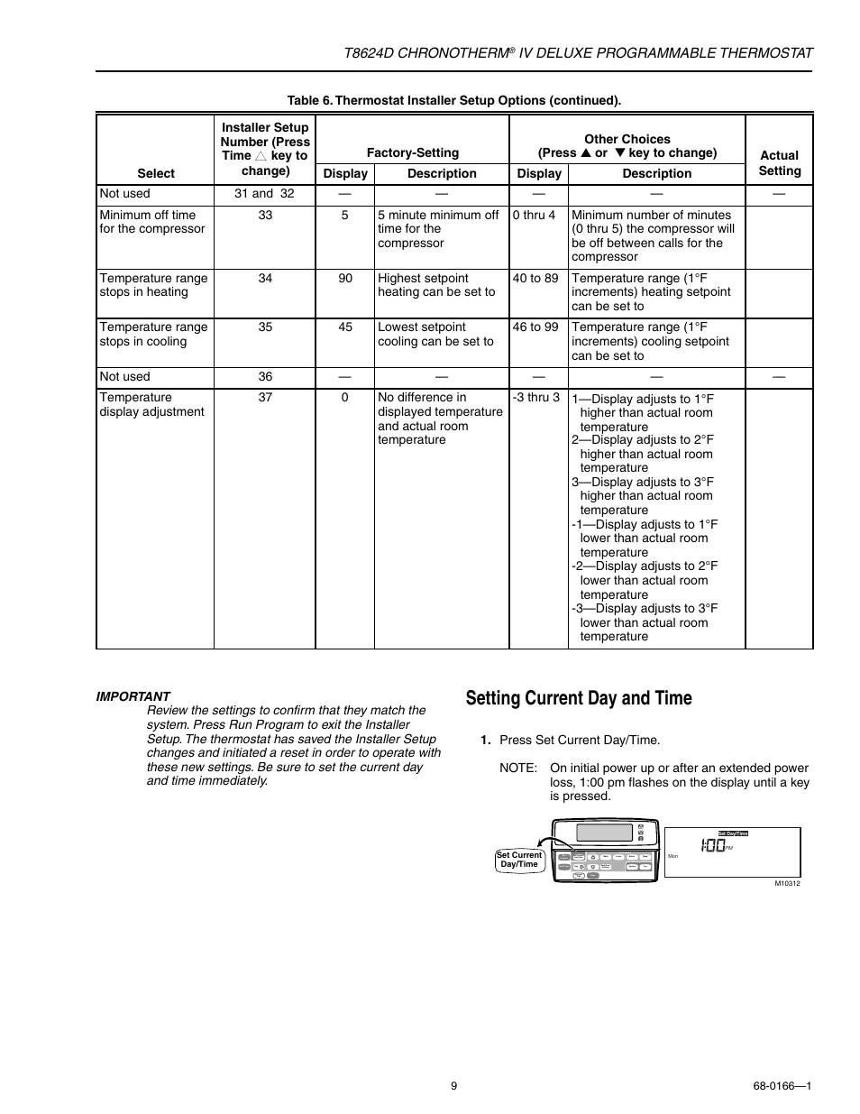 Setting current day and time, T8624d chronotherm, Iv deluxe programmable thermostat | Honeywell CHRONOTHERM IV DELUXE T8624D User Manual | Page 9 / 20