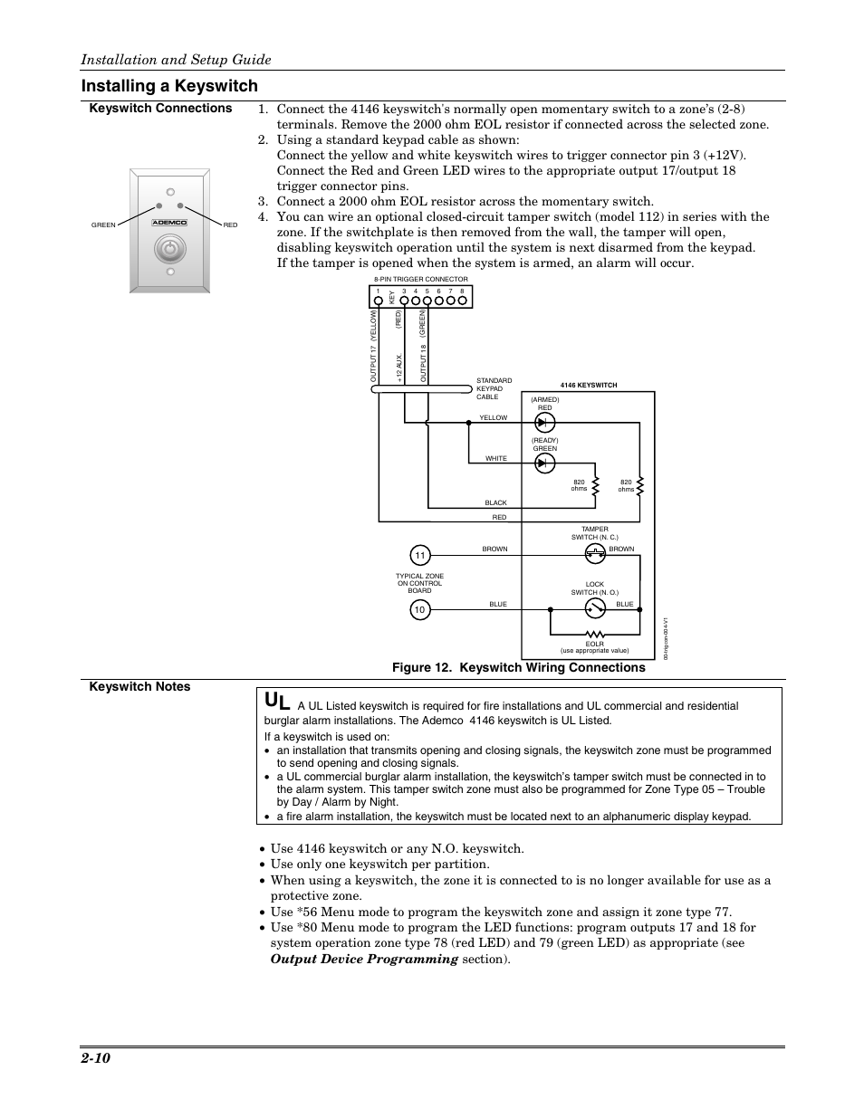 Installing a keyswitch, Installation and setup guide 2-10, Keyswitch connections | Figure 12. keyswitch wiring connections | Honeywell VISTA-20P User Manual | Page 16 / 80