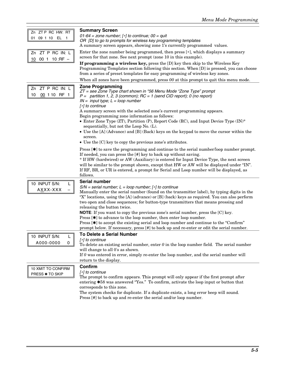 Summary screen, Zone programming, Serial number | Confirm, Menu mode programming 5-5 | Honeywell VISTA-20P User Manual | Page 41 / 80