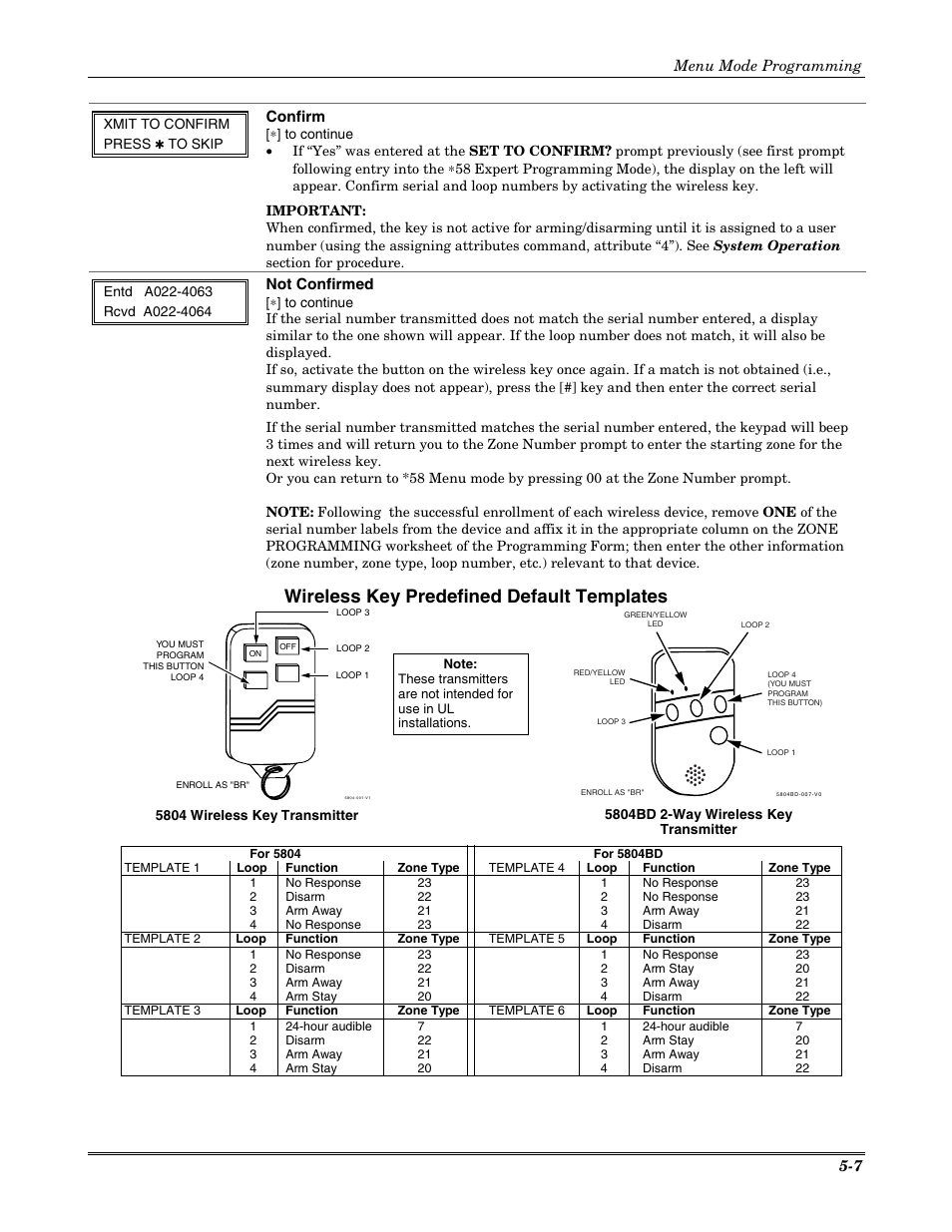 Wireless key predefined default templates, Confirm, Not confirmed | Menu mode programming 5-7 | Honeywell VISTA-20P User Manual | Page 43 / 80