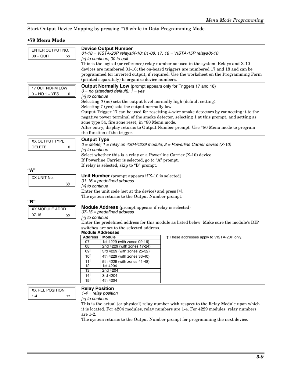 Device output number, Output normally low, Output type | Unit number, Module address, Relay position, Menu mode programming 5-9 | Honeywell VISTA-20P User Manual | Page 45 / 80