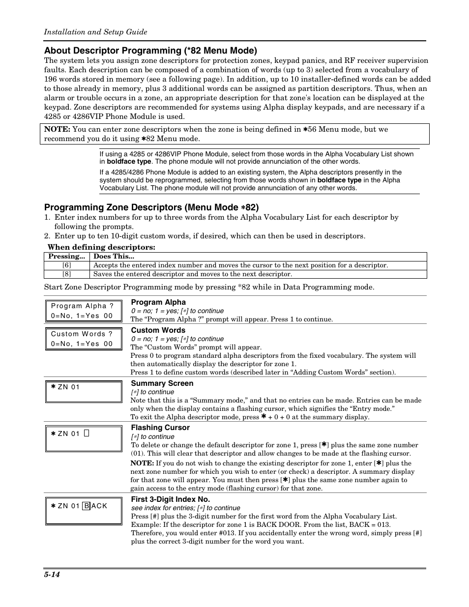 About descriptor programming (*82 menu mode), Programming zone descriptors (menu mode ∗∗∗∗ 82) | Honeywell VISTA-20P User Manual | Page 50 / 80