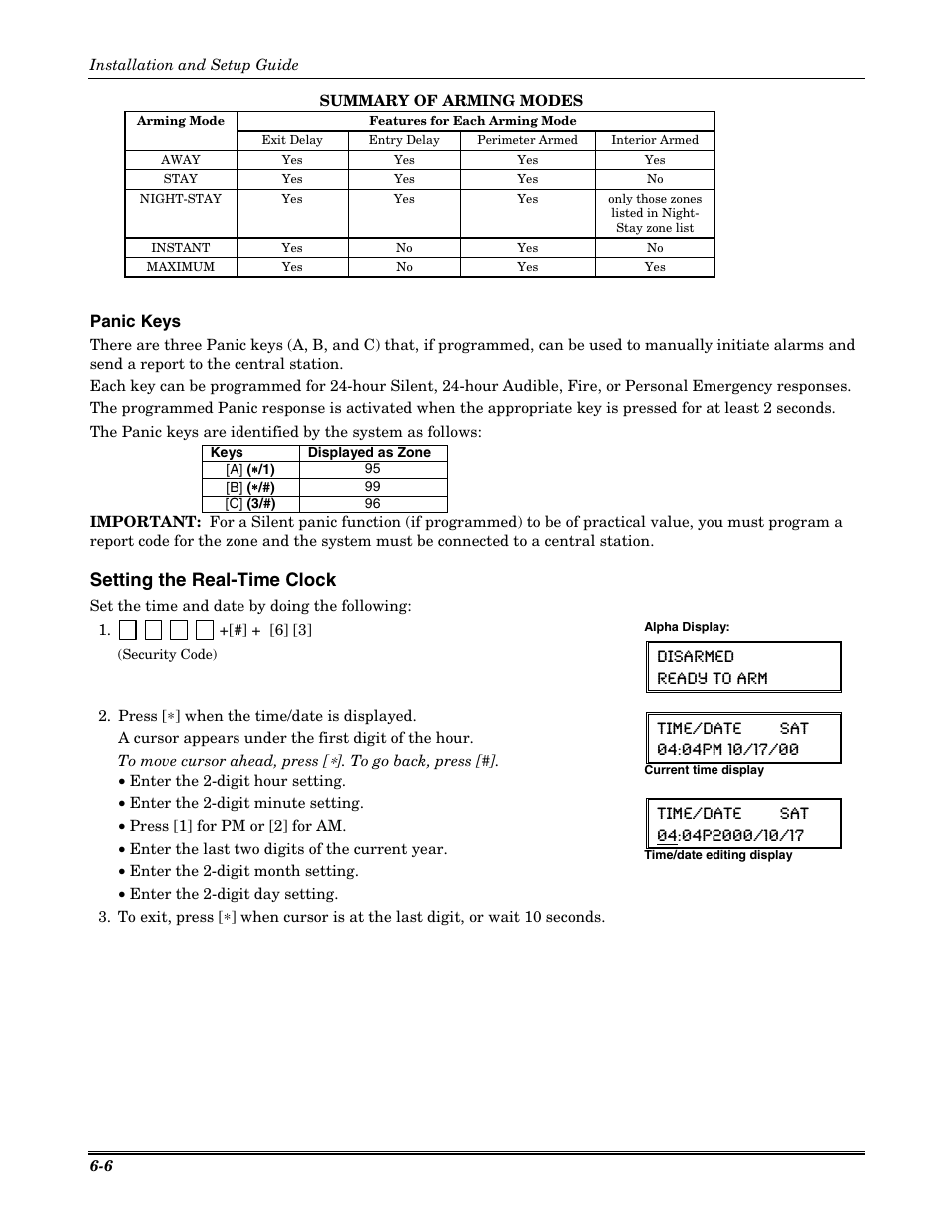 Setting the real-time clock, Panic keys, Disarmed ready to arm | Honeywell VISTA-20P User Manual | Page 60 / 80