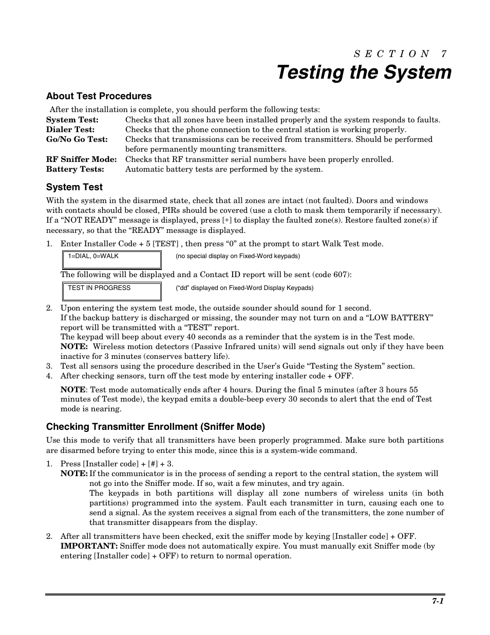 Testing the system, About test procedures, System test | Checking transmitter enrollment (sniffer mode) | Honeywell VISTA-20P User Manual | Page 63 / 80