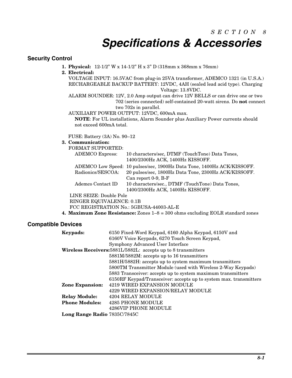 Specifications & accessories | Honeywell VISTA-20P User Manual | Page 65 / 80