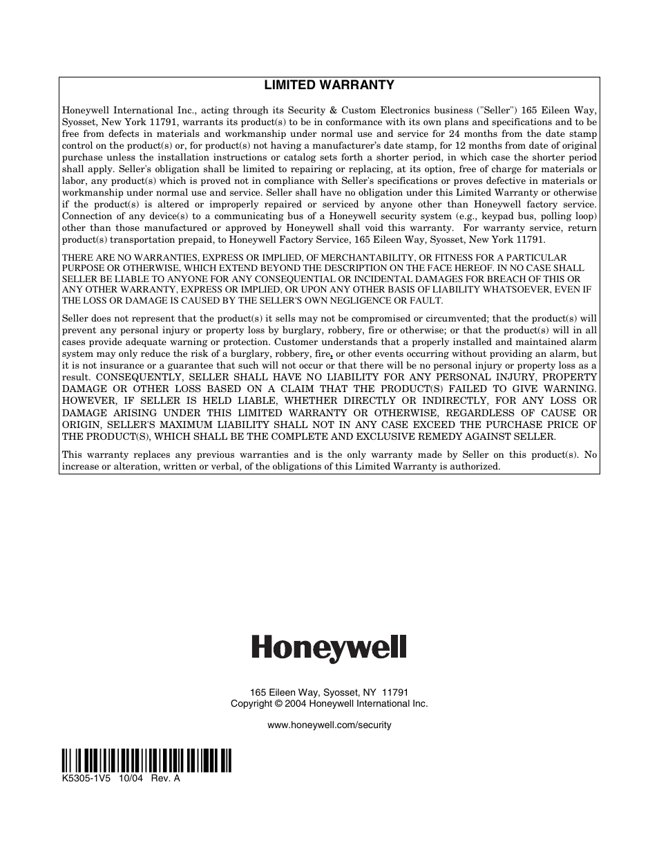 Honeywell VISTA-20P User Manual | Page 80 / 80