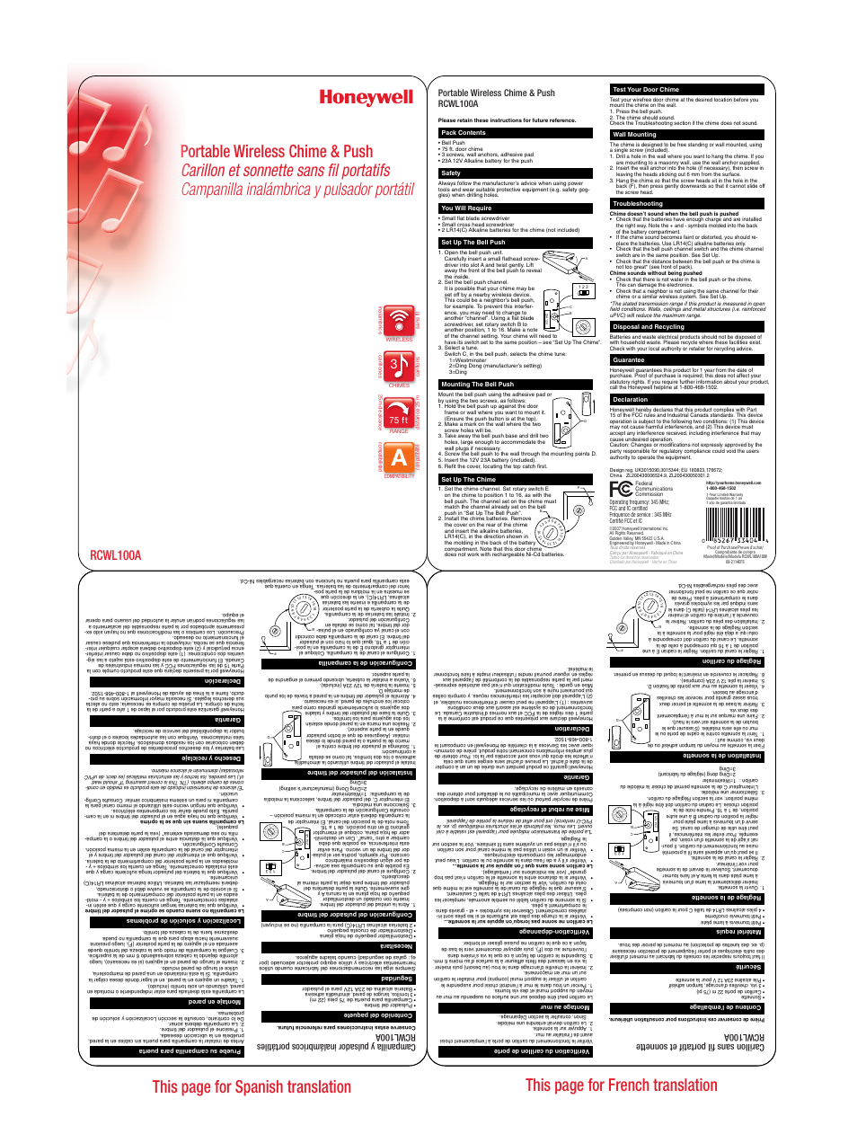 Honeywell RCWL100A User Manual | 1 page