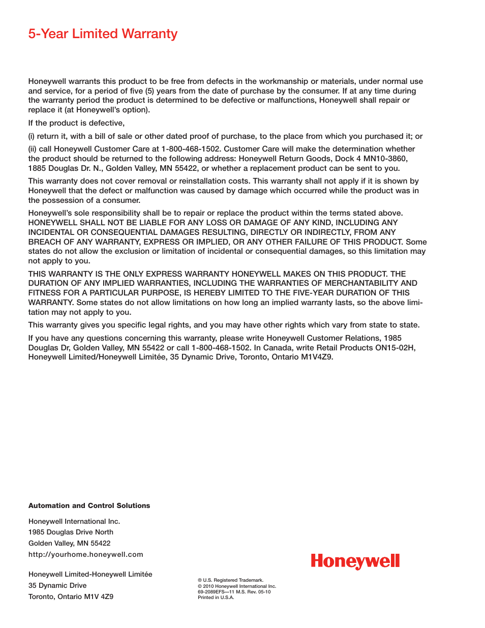 Year limited warranty | Honeywell DR65 User Manual | Page 18 / 52