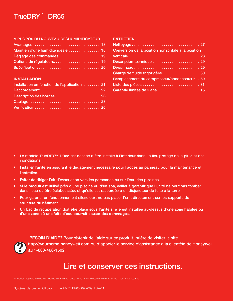 Read and save these instructions, Lire et conserver ces instructions, Truedry | Dr65 | Honeywell DR65 User Manual | Page 19 / 52